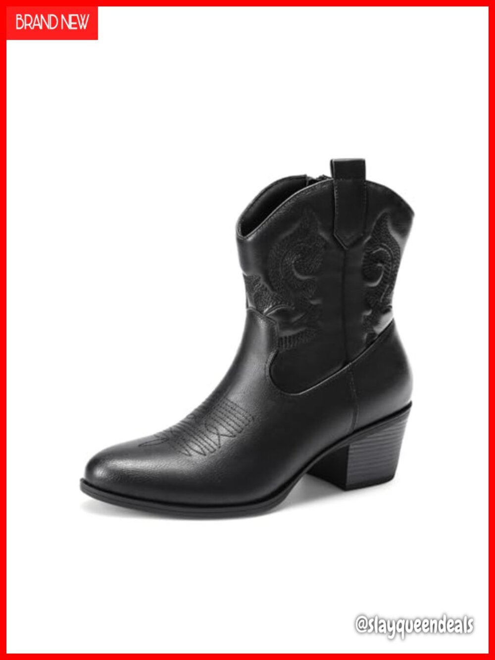 Faux Leather Western Ankle Boots Embroidered Chunky Heel Cowgirl Booties